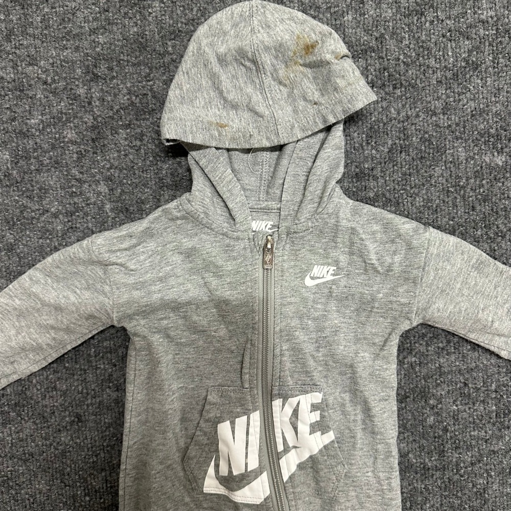 Nike Romper Unisex Size 6M Gray Full Zip Hooded Logo Graphic One Piece Stained